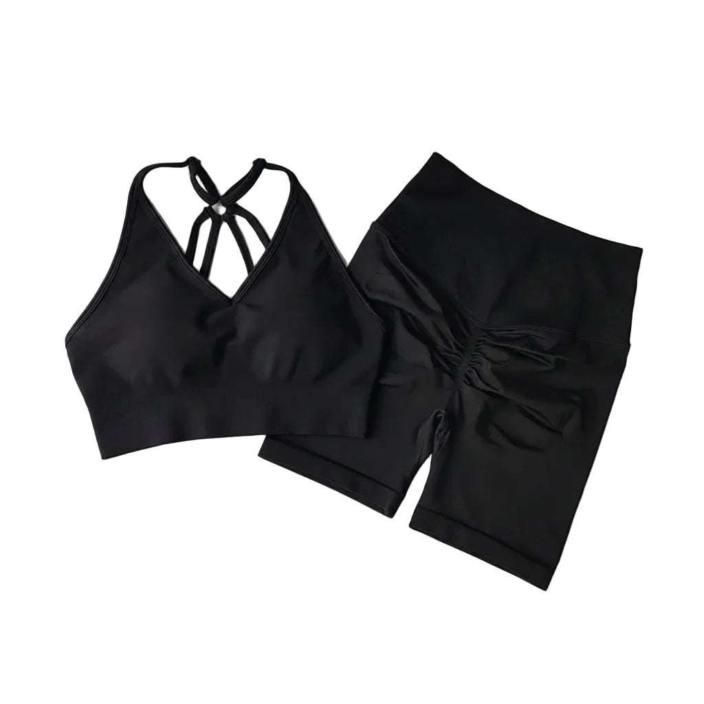Women’s V-Back Sports Bra Set with High-Waist Shorts