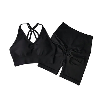 Women’s V-Back Sports Bra Set with High-Waist Shorts