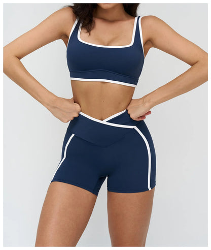 Patchwork Backless Yoga Sets Women Sportswear High Waist Gym Scrunch Bum Shorts Set Female Fitness Sports Suit Workout Clothes