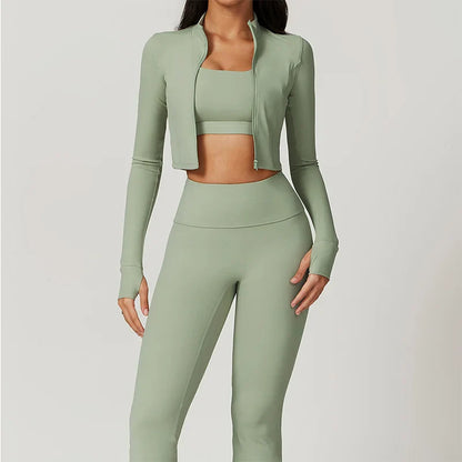 Workout Outfit ActiveWear 3 Pieces Workout Clothes Sports Bra High Waist Gym Leggings Long-Sleeved