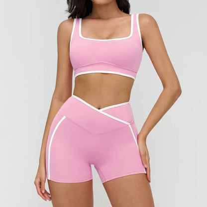 Patchwork Backless Yoga Sets Women Sportswear High Waist Gym Scrunch Bum Shorts Set Female Fitness Sports Suit Workout Clothes